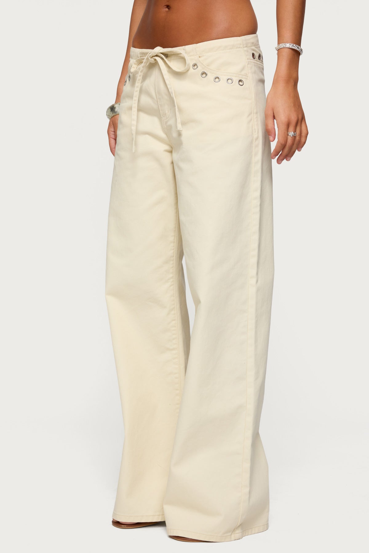 Grommet Tie Waist Low Rise Jeans - Image 3