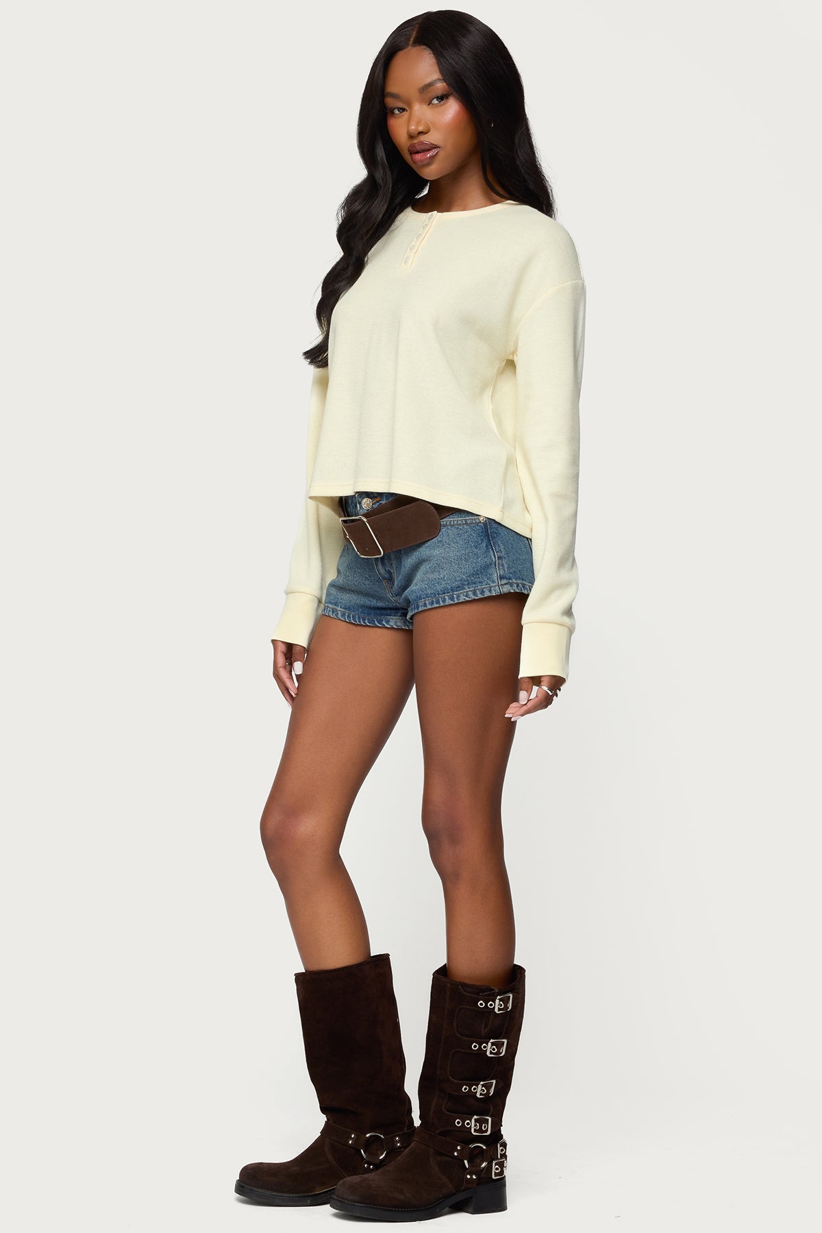 Deni Long Sleeve Henley Waffle Top - Image 4