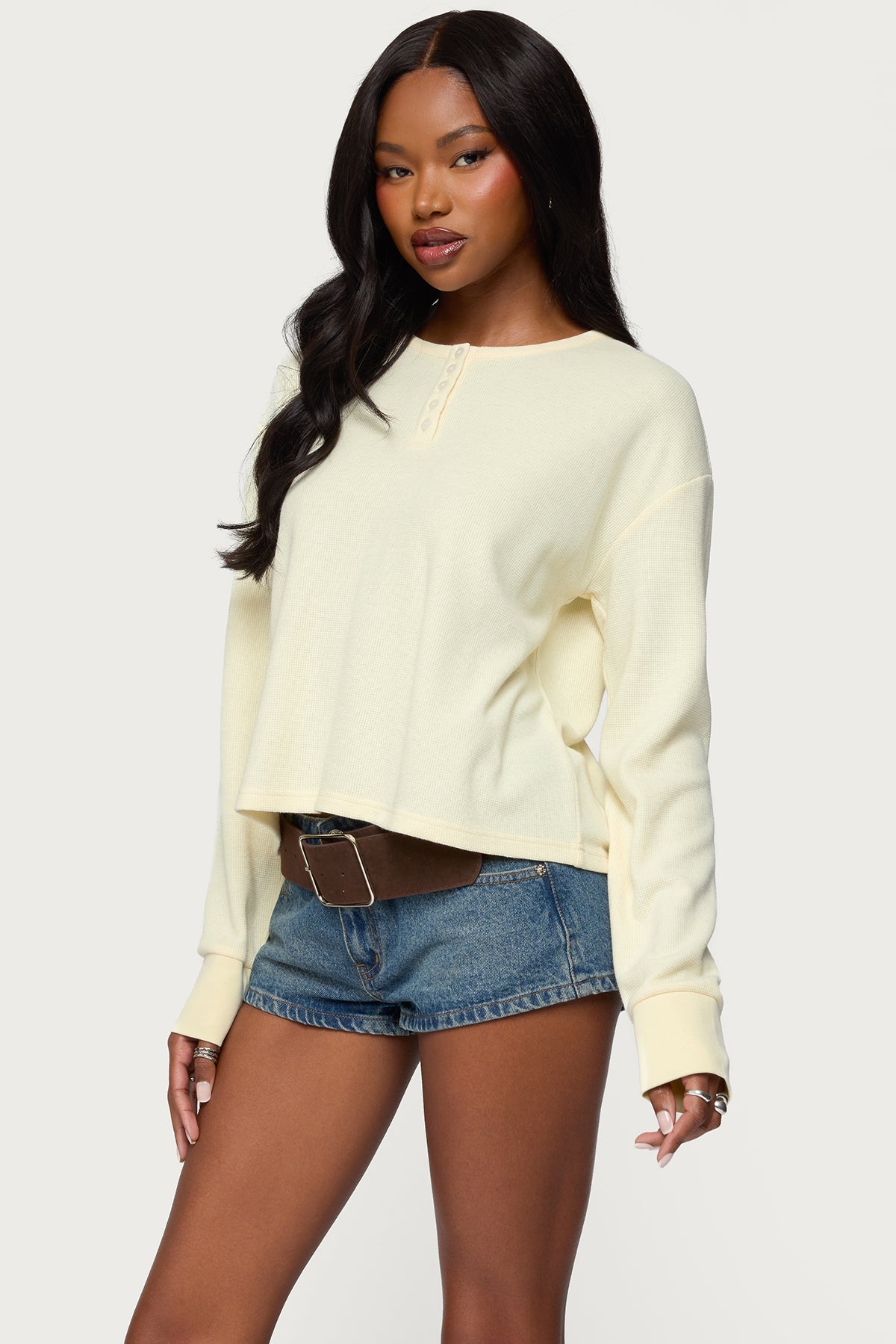 Deni Long Sleeve Henley Waffle Top - Image 3