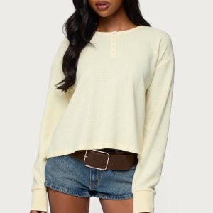 Deni Long Sleeve Henley Waffle Top