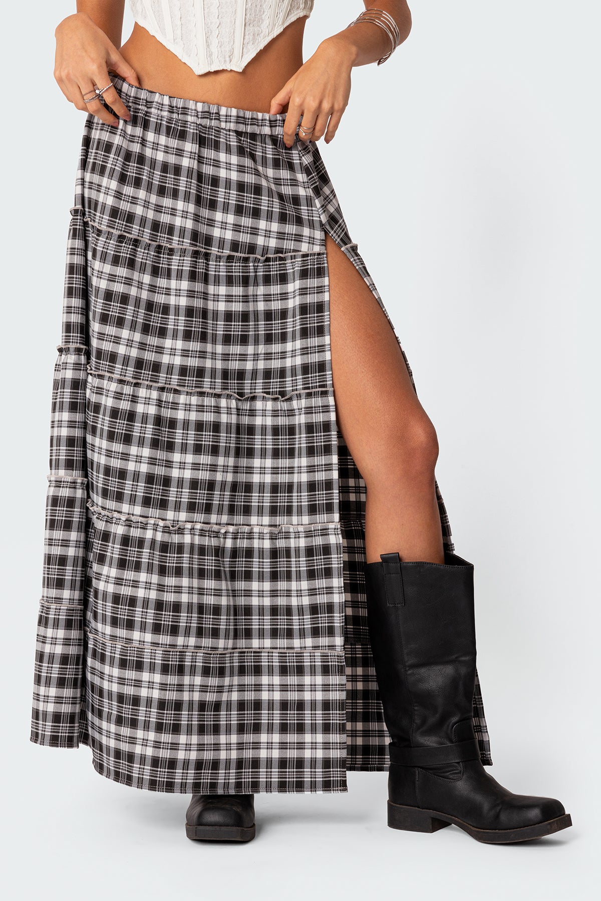 Plaid Side Slit Tiered Maxi Skirt - Image 2