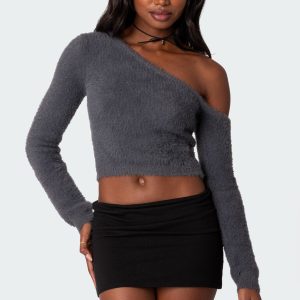Frannie One Shoulder Fuzzy Knit Top