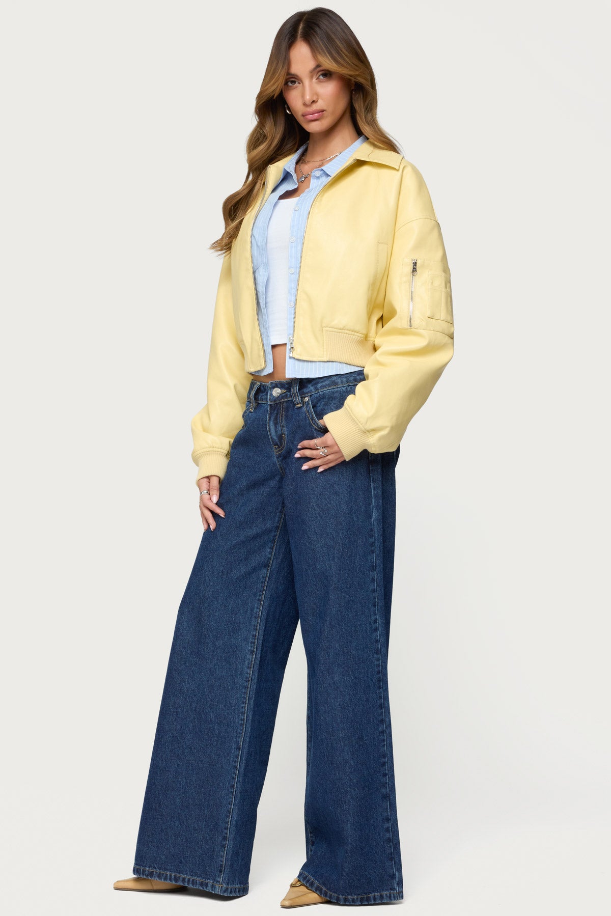 Zayna Cropped Faux Leather Bomber Jacket - Image 4