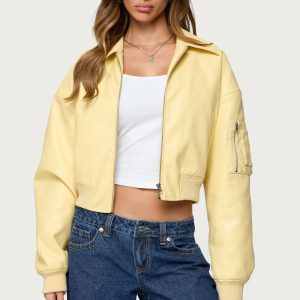 Zayna Cropped Faux Leather Bomber Jacket