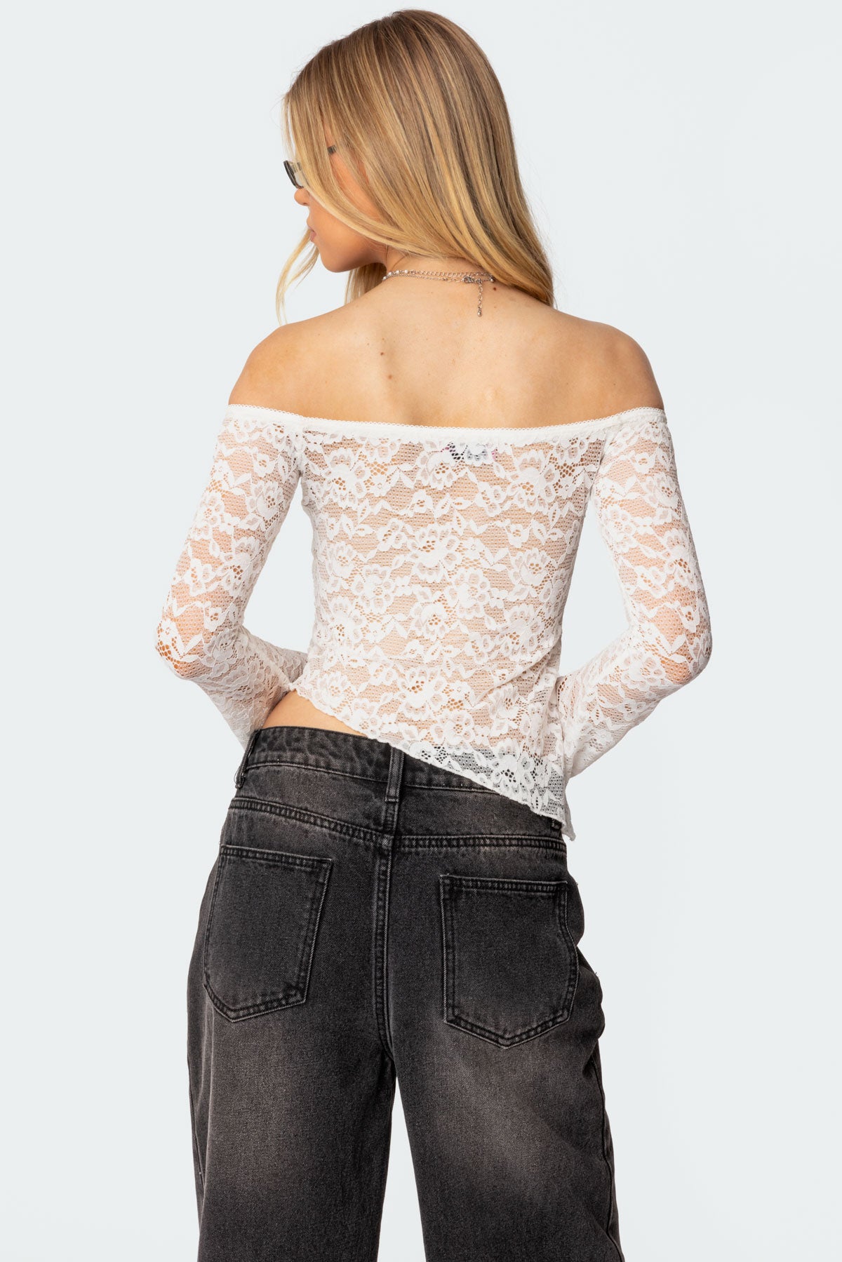 Asymmetric Sheer Lace Off Shoulder Top - Image 4
