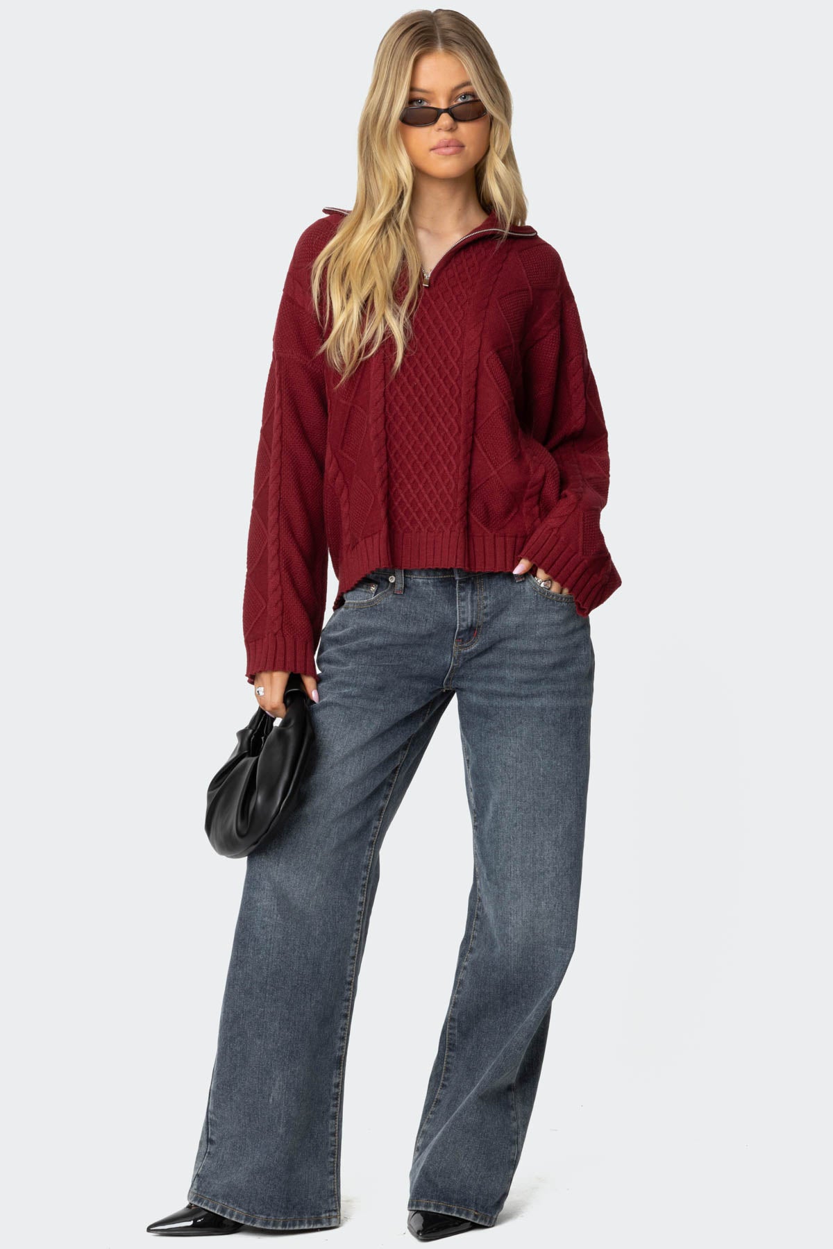 Oversized Quarter Zip Cable Knit Sweater - Image 2