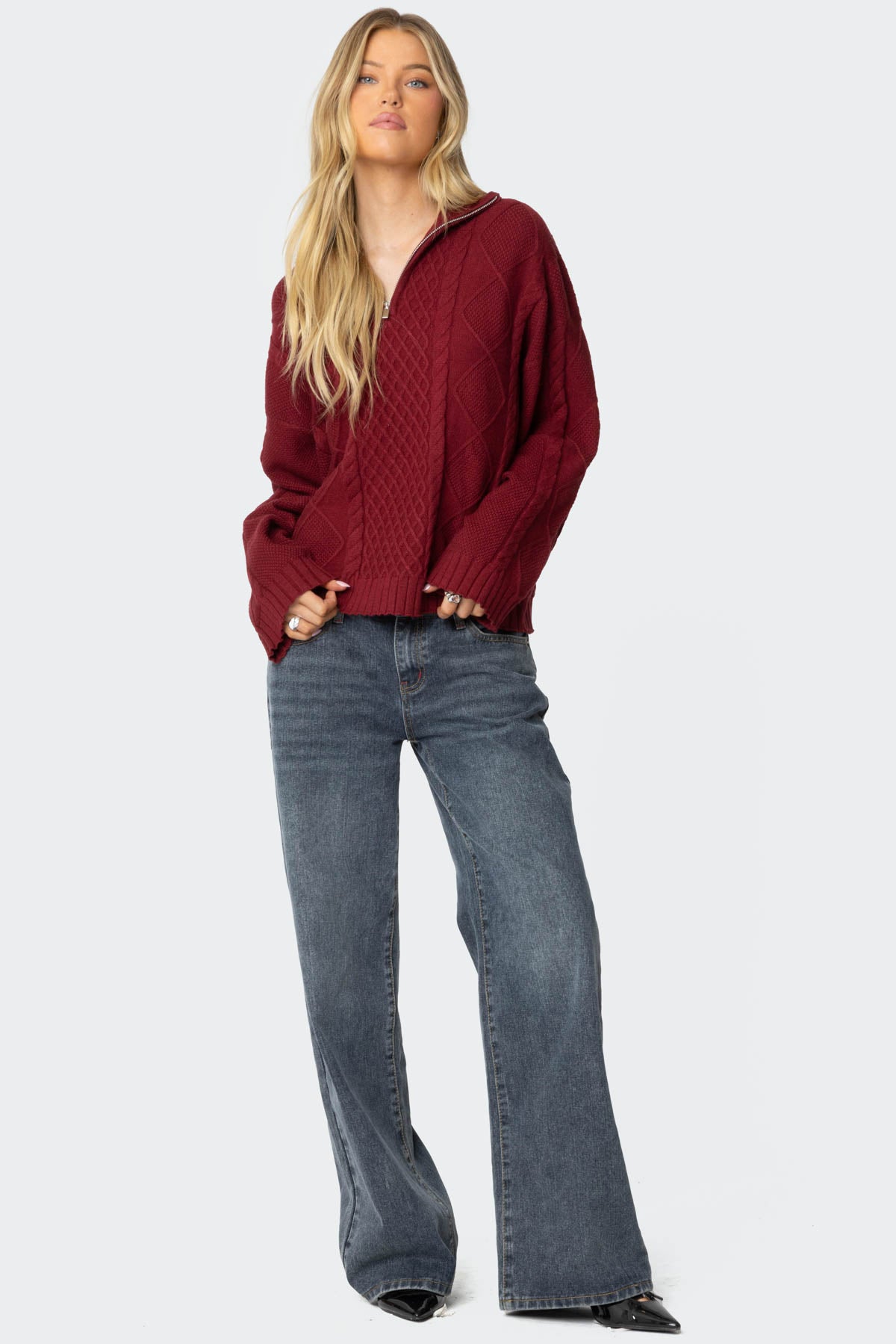 Oversized Quarter Zip Cable Knit Sweater - Image 5