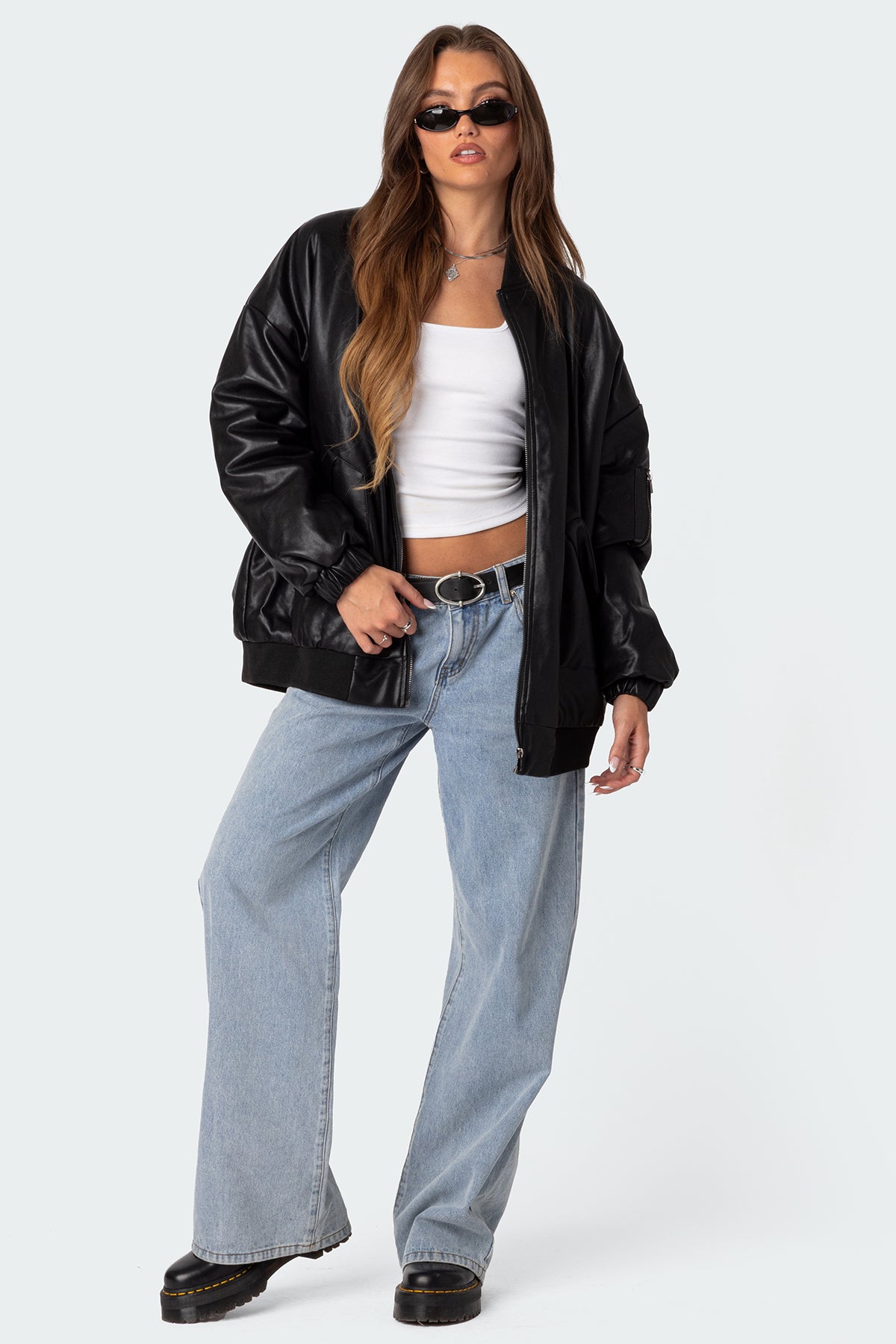 Faux Leather Oversized Bomber Jacket - Image 5