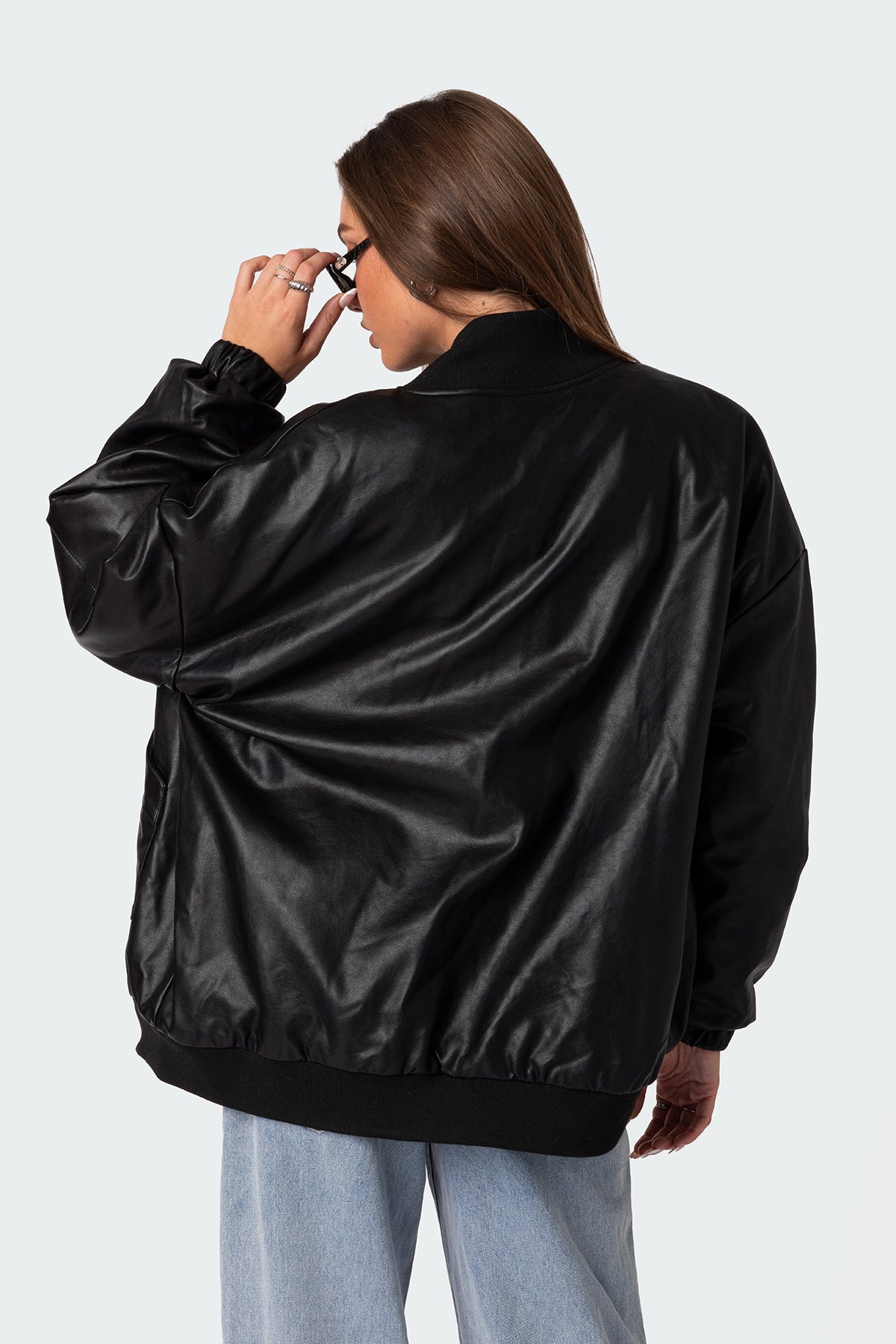 Faux Leather Oversized Bomber Jacket - Image 4