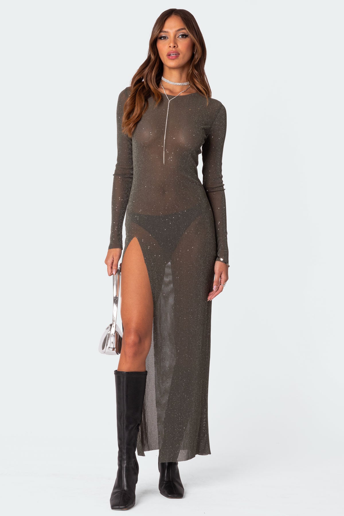 Glitter Mesh Slitted Maxi Dress - Image 5