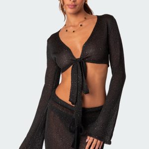 Micro Sequin Tie Front Knit Crop Top