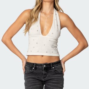 Rhinestone Knit Halter Top