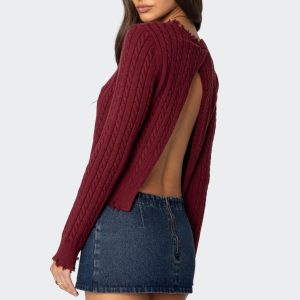 Split Open Back Cable Knit Sweater