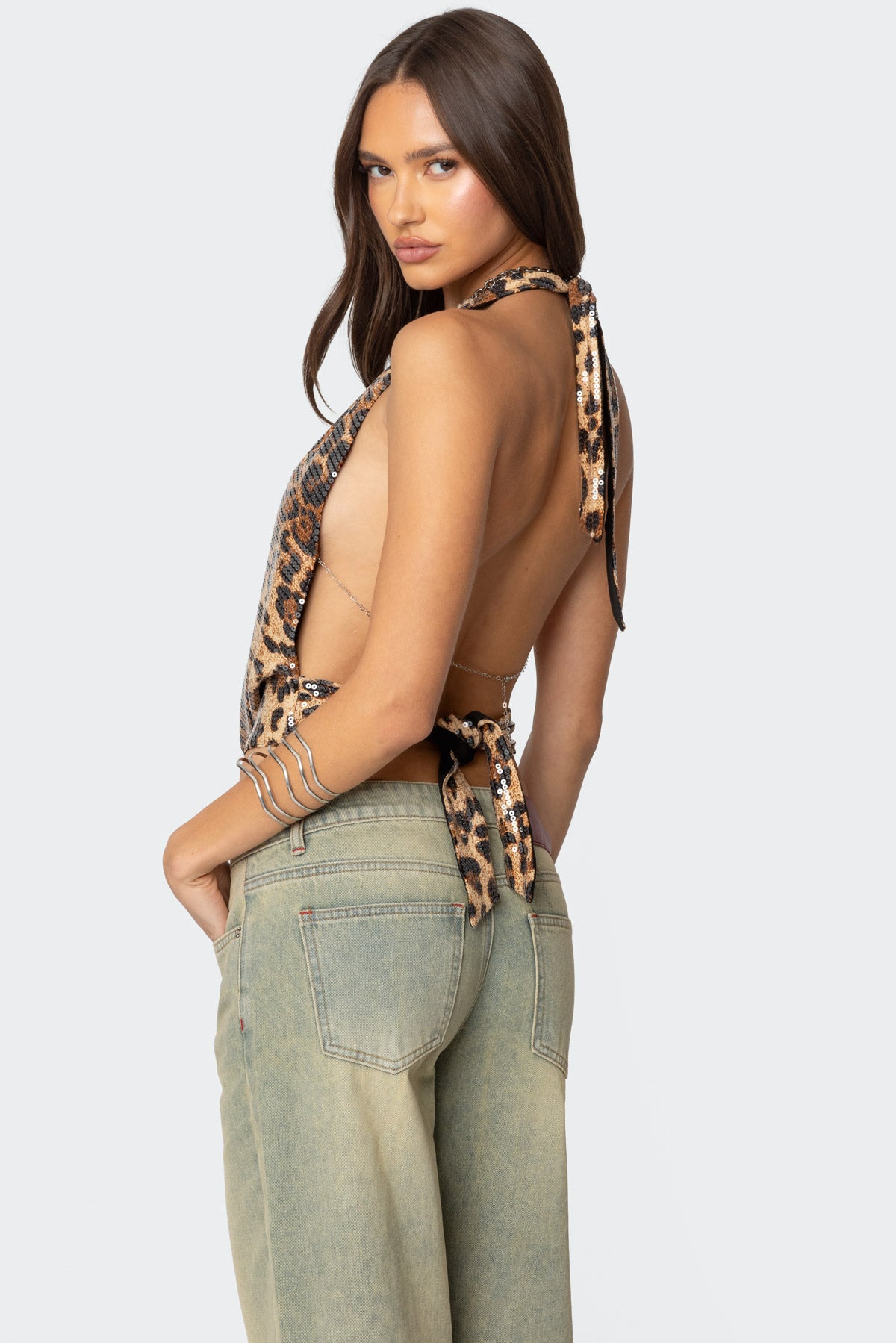 Sequin Leopard Printed Cowl Neck Top - Image 2