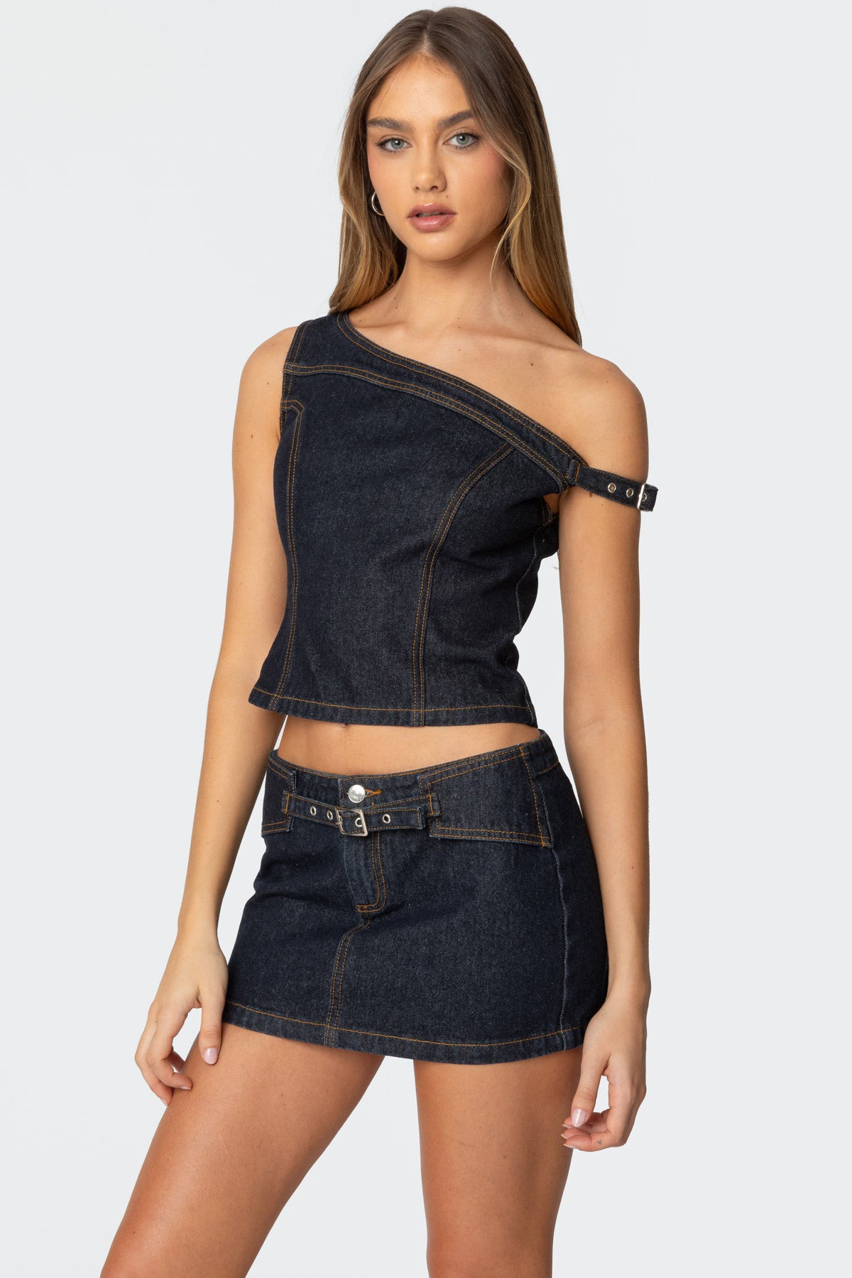 Keira Buckled Asymmetric Denim Top - Image 3