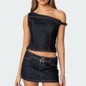 Keira Buckled Asymmetric Denim Top