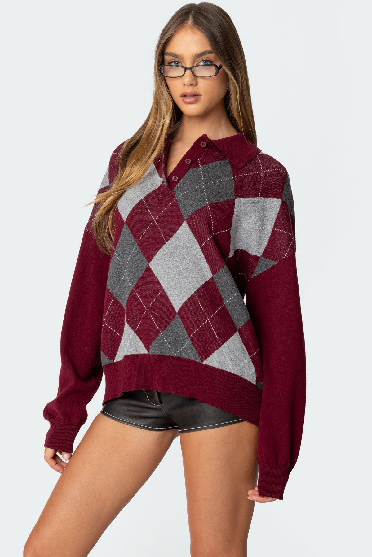 Argyle Oversized Polo Sweater - Image 3