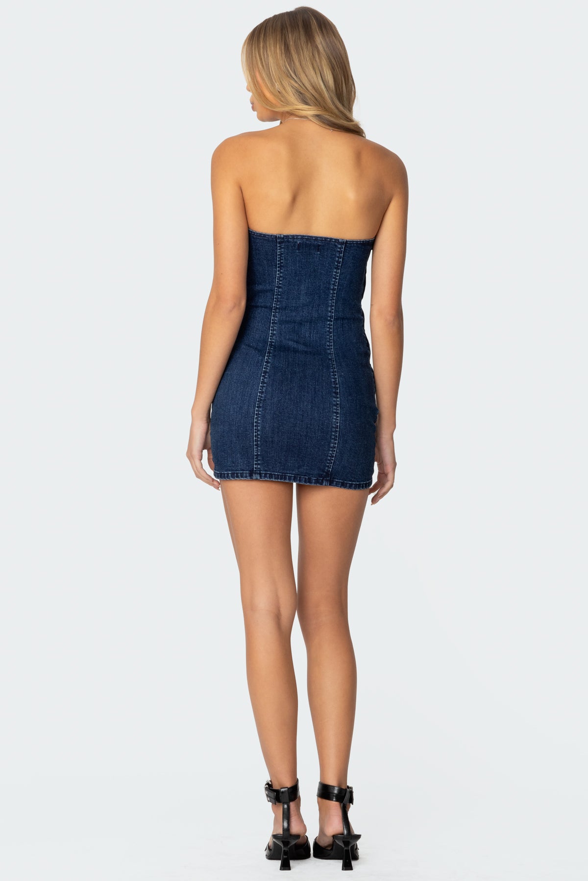 Ruched Strapless Denim Mini Dress - Image 4