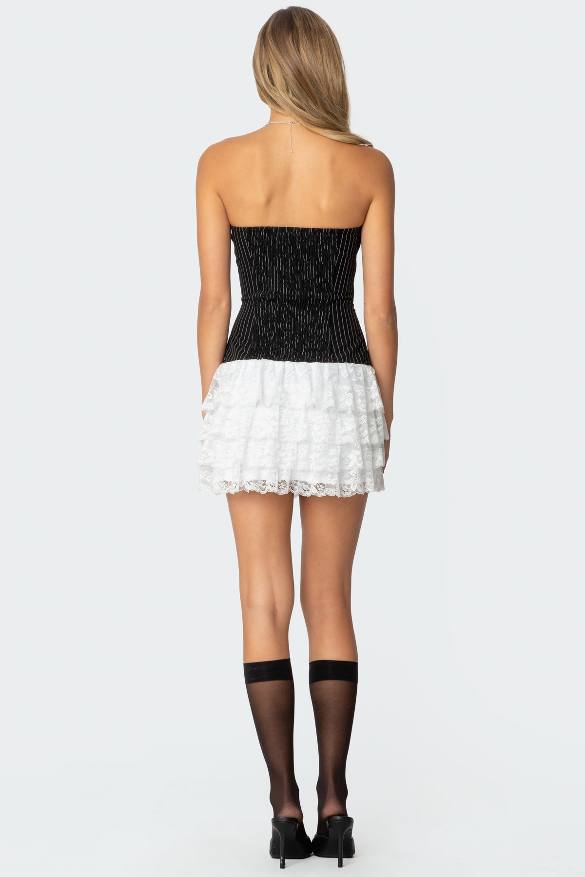 Strapless Pinstripe Ruffle Skirt Mini Dress - Image 4