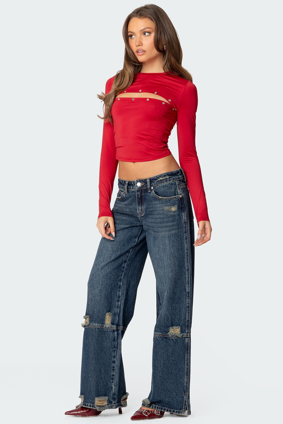 Slitted Distressed Low Rise Jeans - Image 3