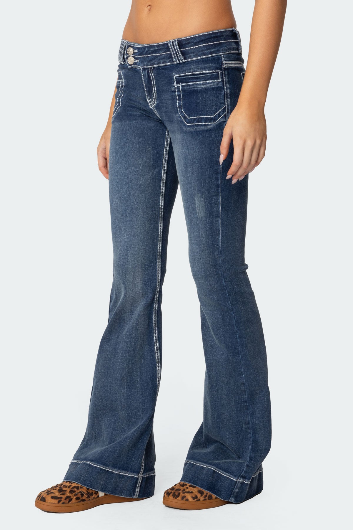 Contrast Stitch Low Rise Flared Jeans - Image 4