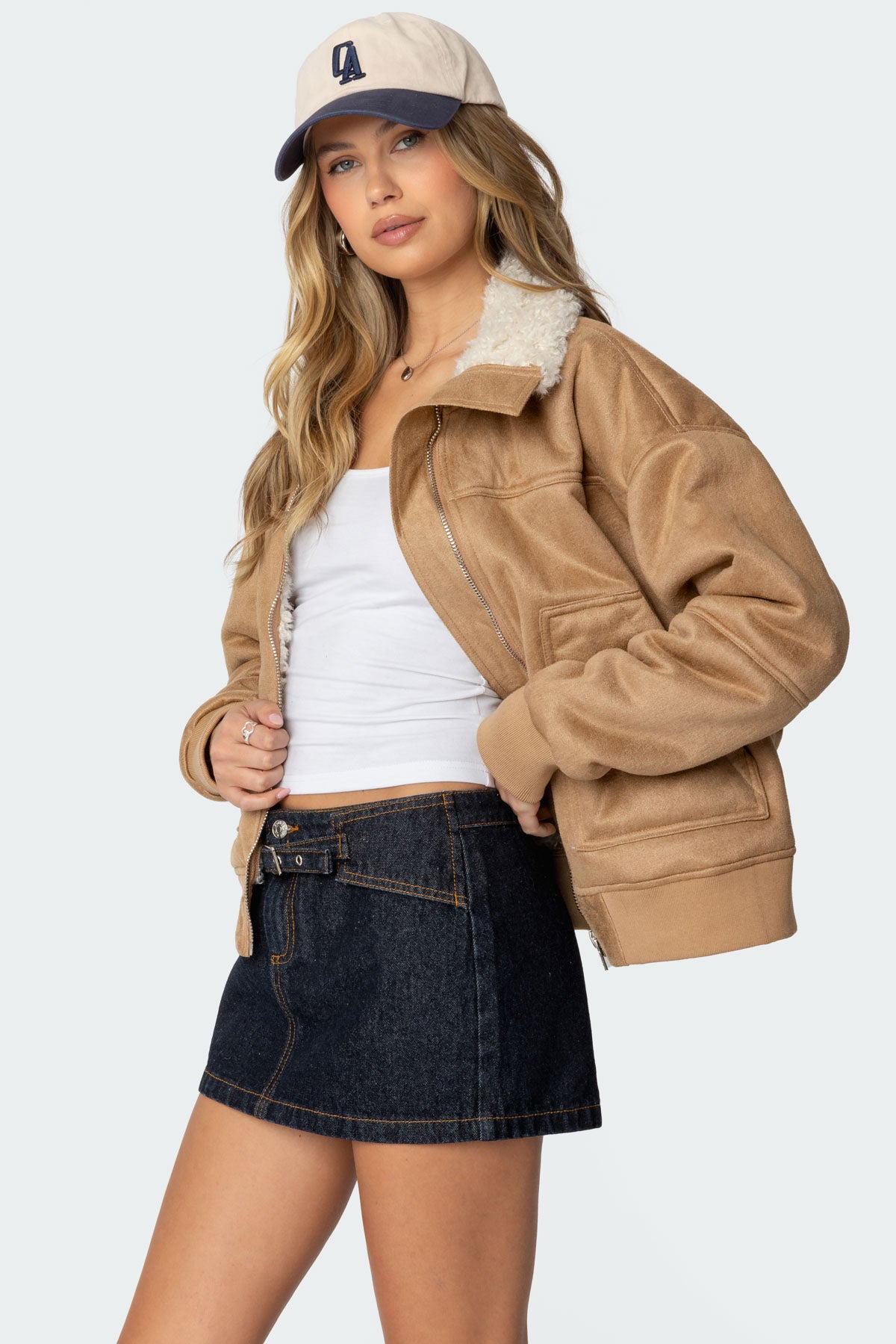 Faux Suede Shearling Bomber Jacket - Image 3