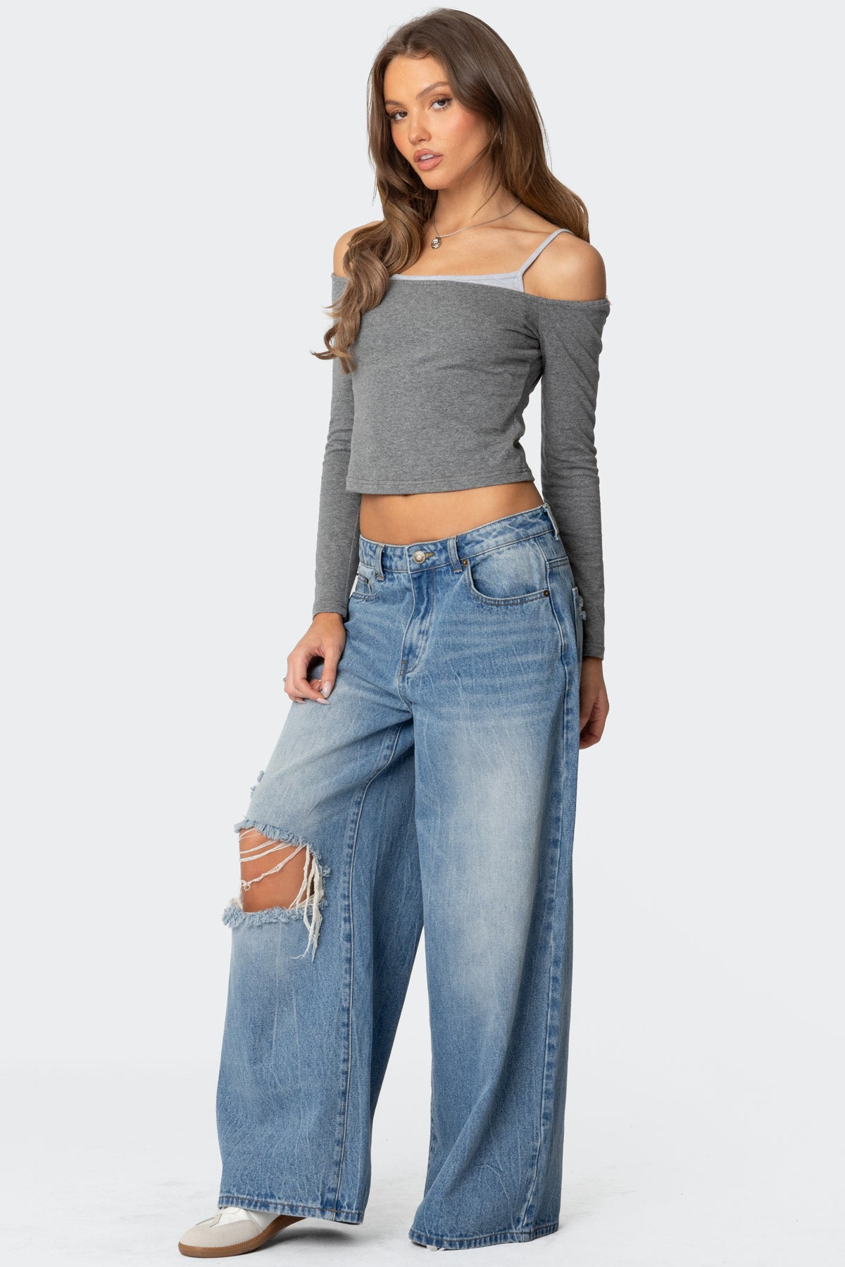 Off Shoulder Layered Long Sleeve T Shirt - Image 4