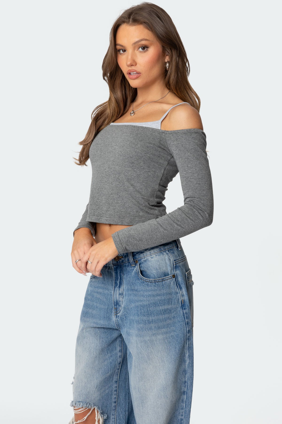 Off Shoulder Layered Long Sleeve T Shirt - Image 3
