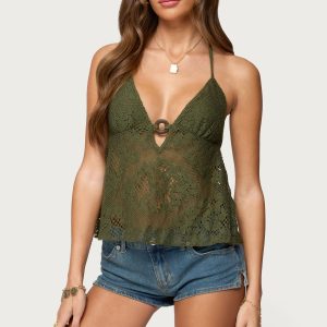 Sheer Crochet Babydoll Halter Top
