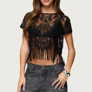 Kira Sheer Lace Fringe Top