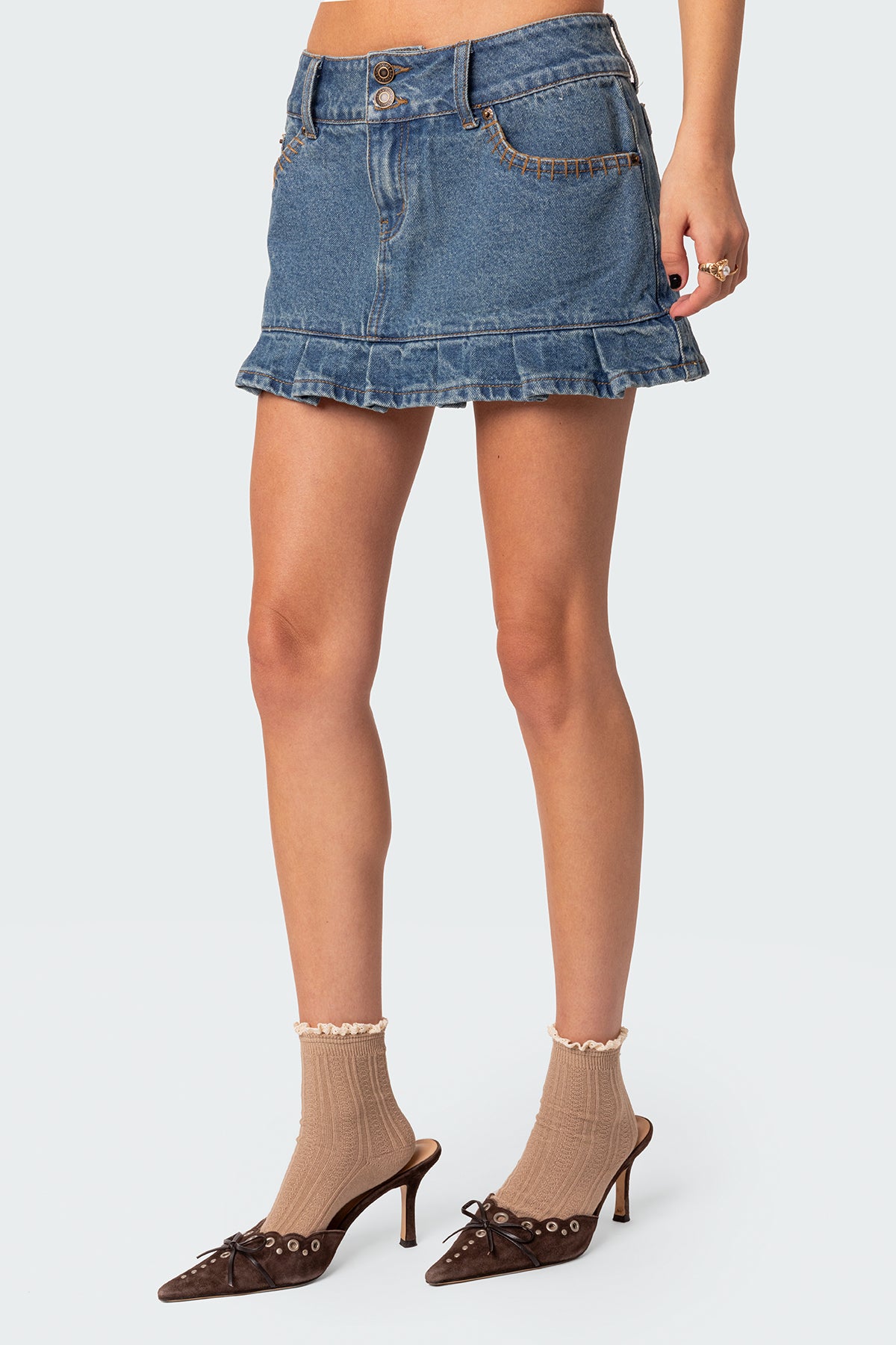 Pleated Hem Washed Denim Mini Skirt - Image 3